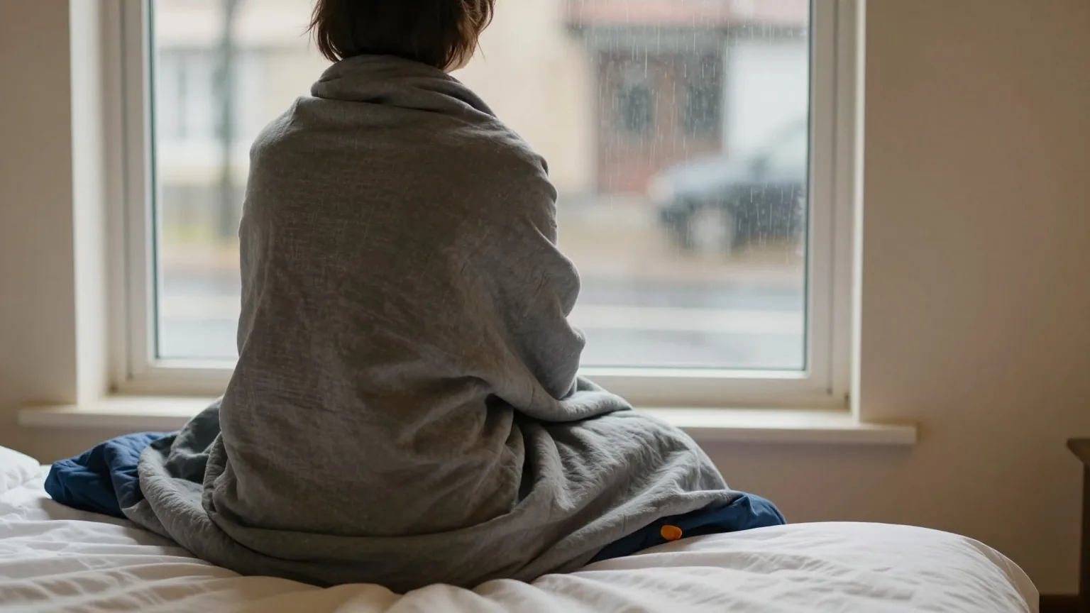 Person von hinten auf der Bettkante, in eine graue Decke gehüllt, Blick auf eine verregnete Straße