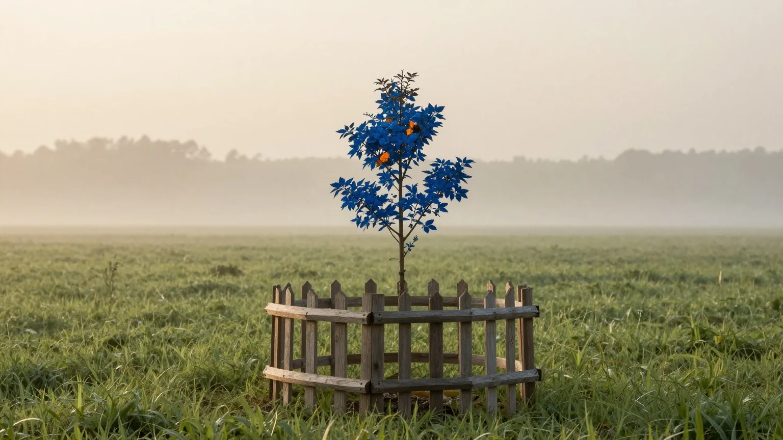 Junger Baum, geschützt von einem einfachen Holzzaun, auf einer offenen Wiese im Morgennebel