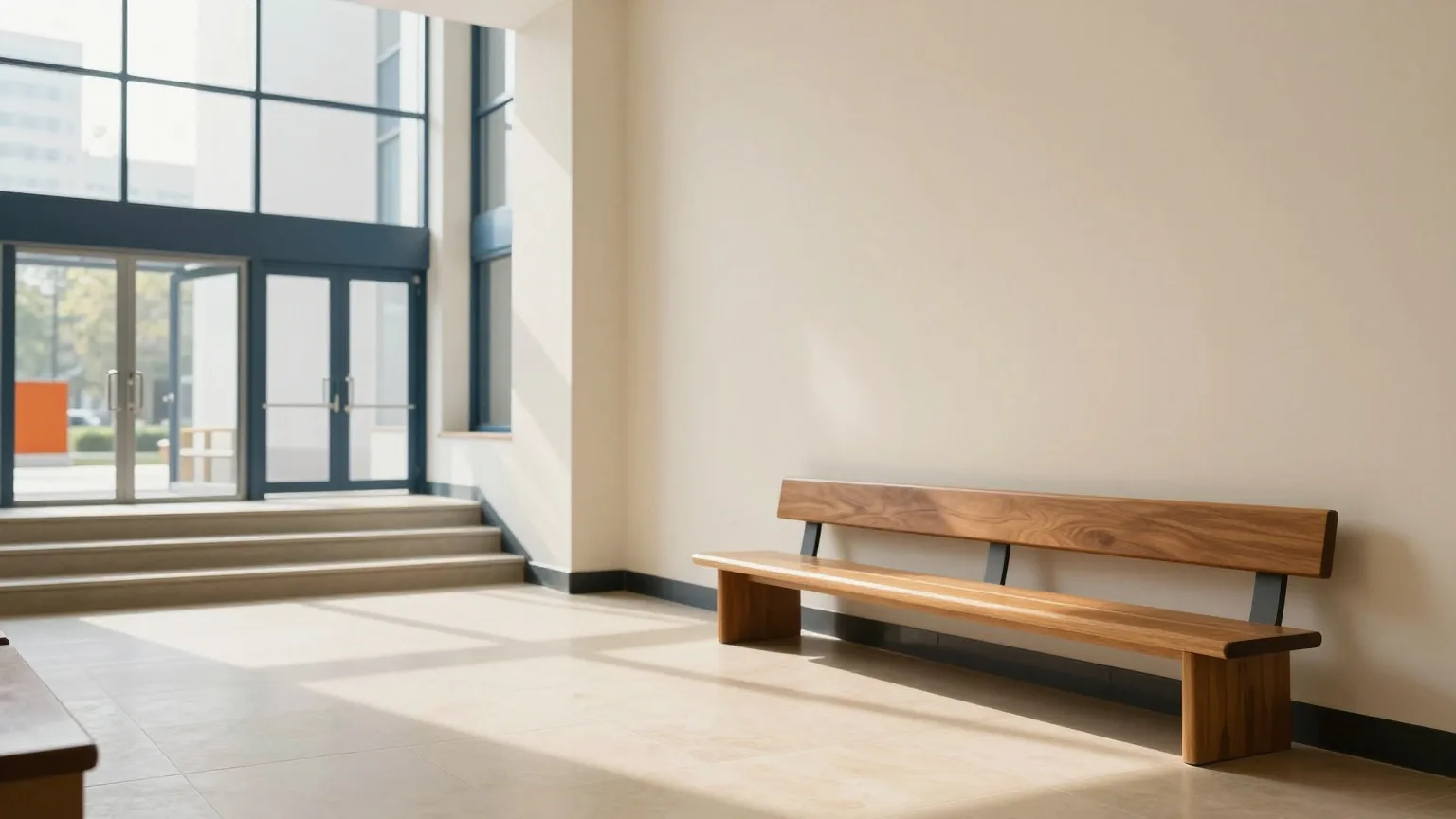 Eingangshalle eines modernen Gerichtsgebäudes mit breiter Treppe und hohen Fenstern, eine leere Holzbank an der Wand, weiches Morgenlicht auf hellem Steinboden