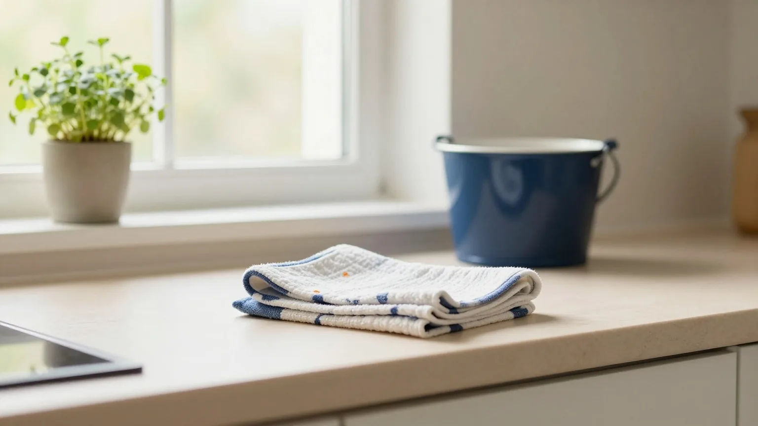 Helle, aufgeräumte Küche in einer Privatwohnung am Vormittag, auf der Arbeitsfläche ein gefaltetes Putztuch und ein kleiner Eimer neben einem Fenster mit Kräutertopf