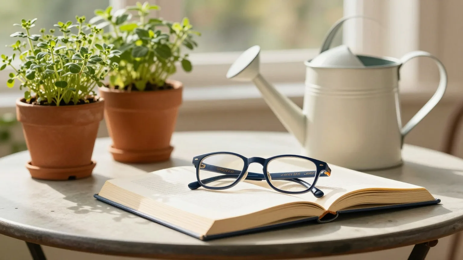 Lesebrille auf einem Gartentisch neben einer Gießkanne und Töpfen mit frischen Kräutern in der warmen Nachmittagssonne