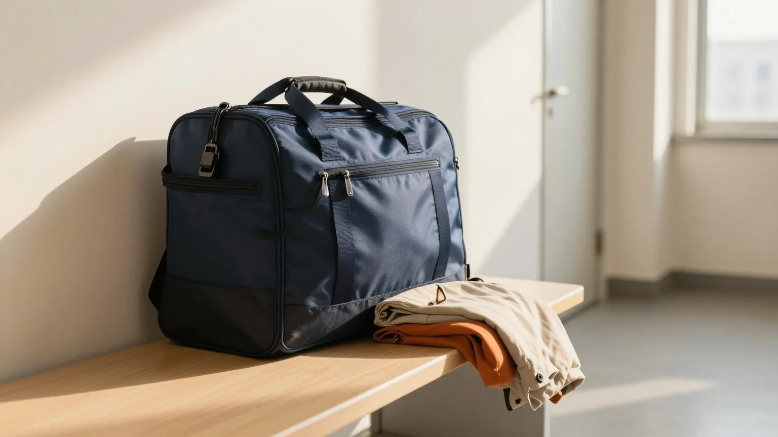 Gepackte Reisetasche und gefaltete Jacke auf einer Bank im sonnigen Flur eines kleinen Büros, obenauf eine Sonnenbrille, warmes Licht am späten Nachmittag