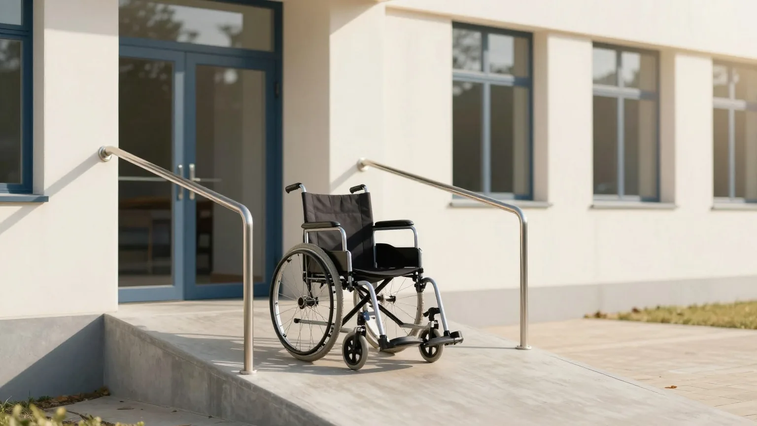 Barrierefreier Eingang eines Bürogebäudes mit flacher Rampe und Handlauf in der Morgensonne