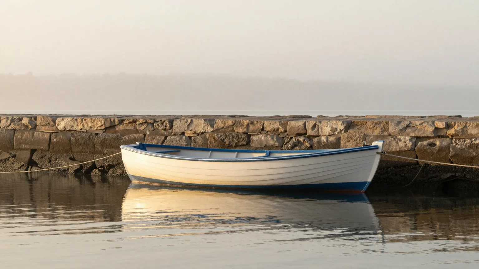 Kleines Holzboot im ruhigen Hafenbecken hinter einer Steinmole an einem nebligen Morgen