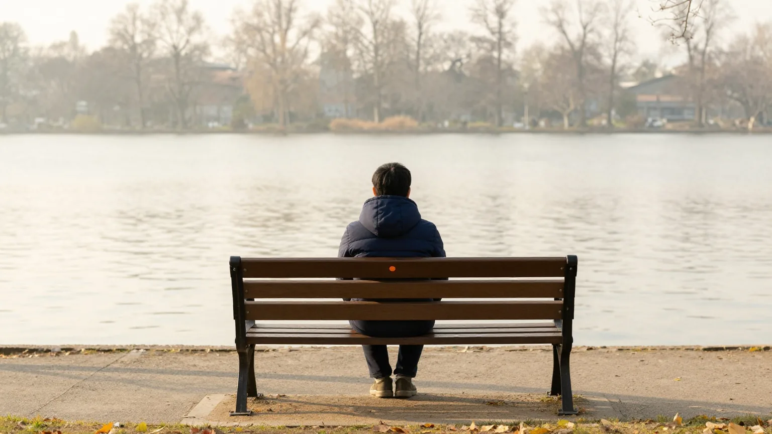 Person von hinten allein auf einer Holzbank an einer ruhigen Seepromenade an einem grauen Morgen, stilles Wasser und kahle Bäume