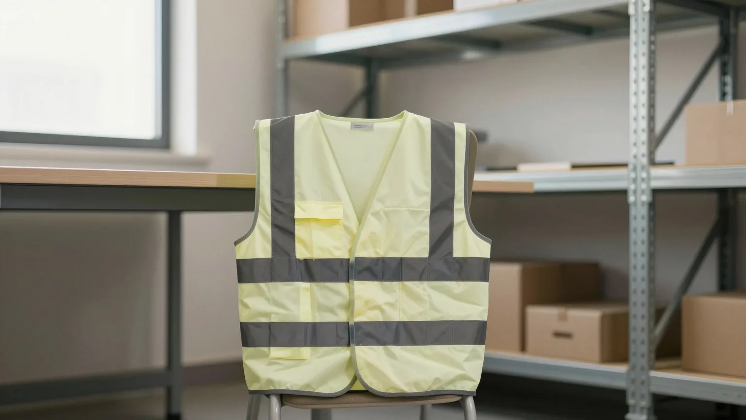 Warnweste über der Lehne eines leeren Stuhls an einem Arbeitsplatz im Lager, dahinter hohe Metallregale im Morgenlicht
