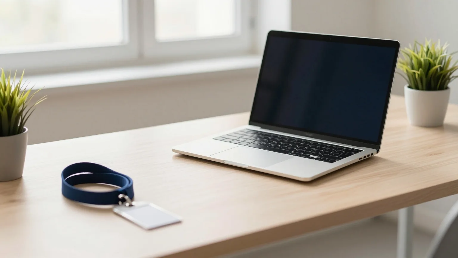 Vorbereiteter, leerer Schreibtisch für den ersten Arbeitstag mit zugeklapptem Laptop, aufgerolltem Umhängeband und kleiner Topfpflanze im frühen Morgenlicht
