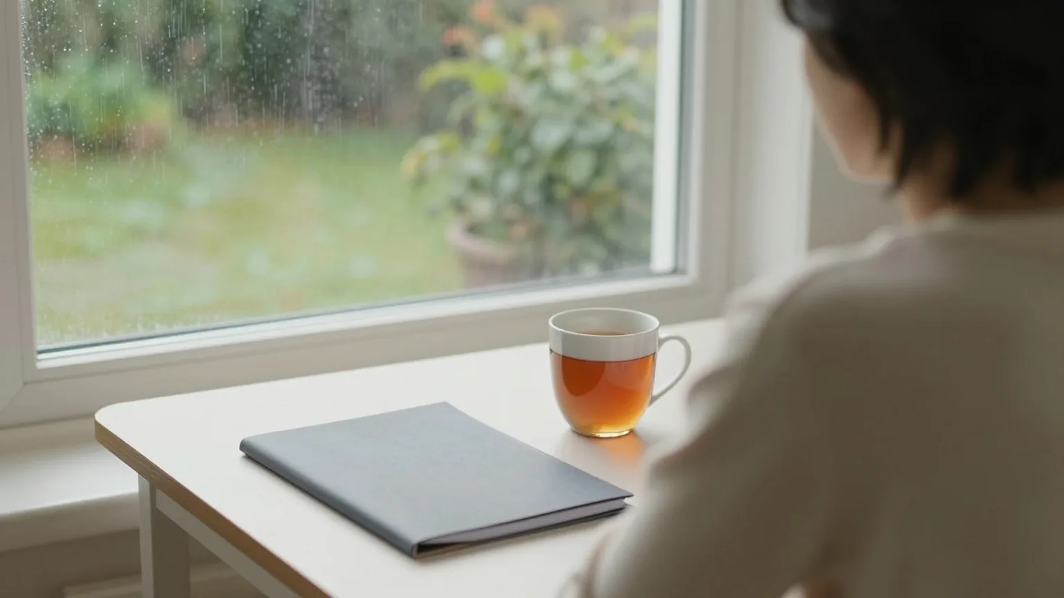 Person von hinten am Küchentisch vor einem Fenster mit Blick in einen verregneten Garten, auf dem Tisch eine Tasse Tee und eine geschlossene graue Mappe
