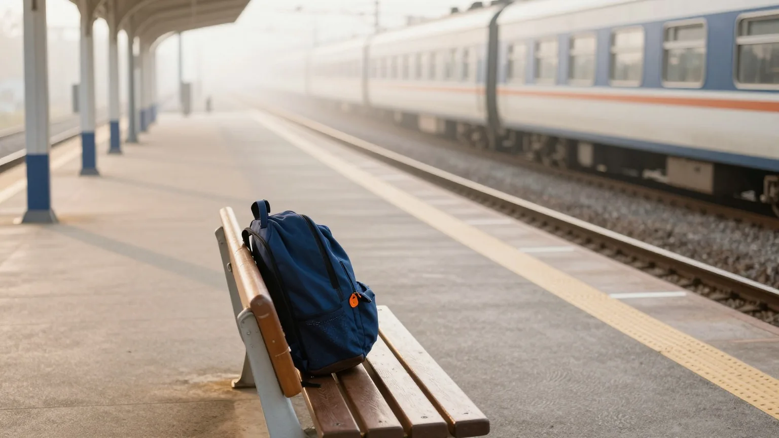 Leerer Bahnsteig im Regionalverkehr bei Morgennebel, auf einer Holzbank liegt ein Rucksack, die Gleise verlieren sich in der Ferne
