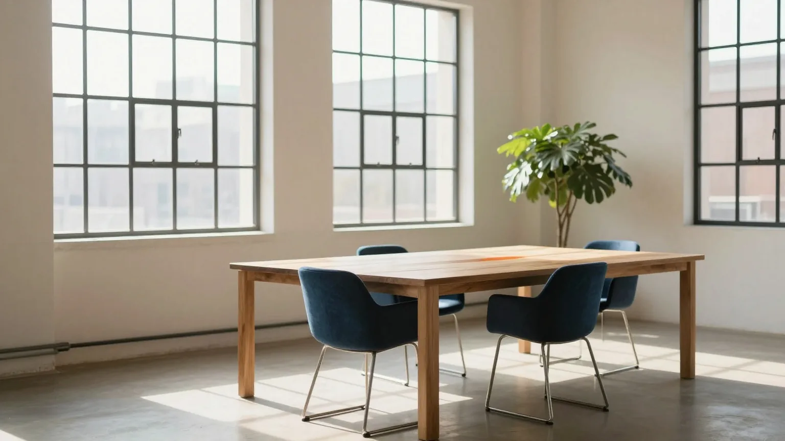 Sonniges Loft-Atelier mit langem Holztisch, zwei leeren Stühlen und einer großen Grünpflanze, Morgenlicht durch hohe Fabrikfenster