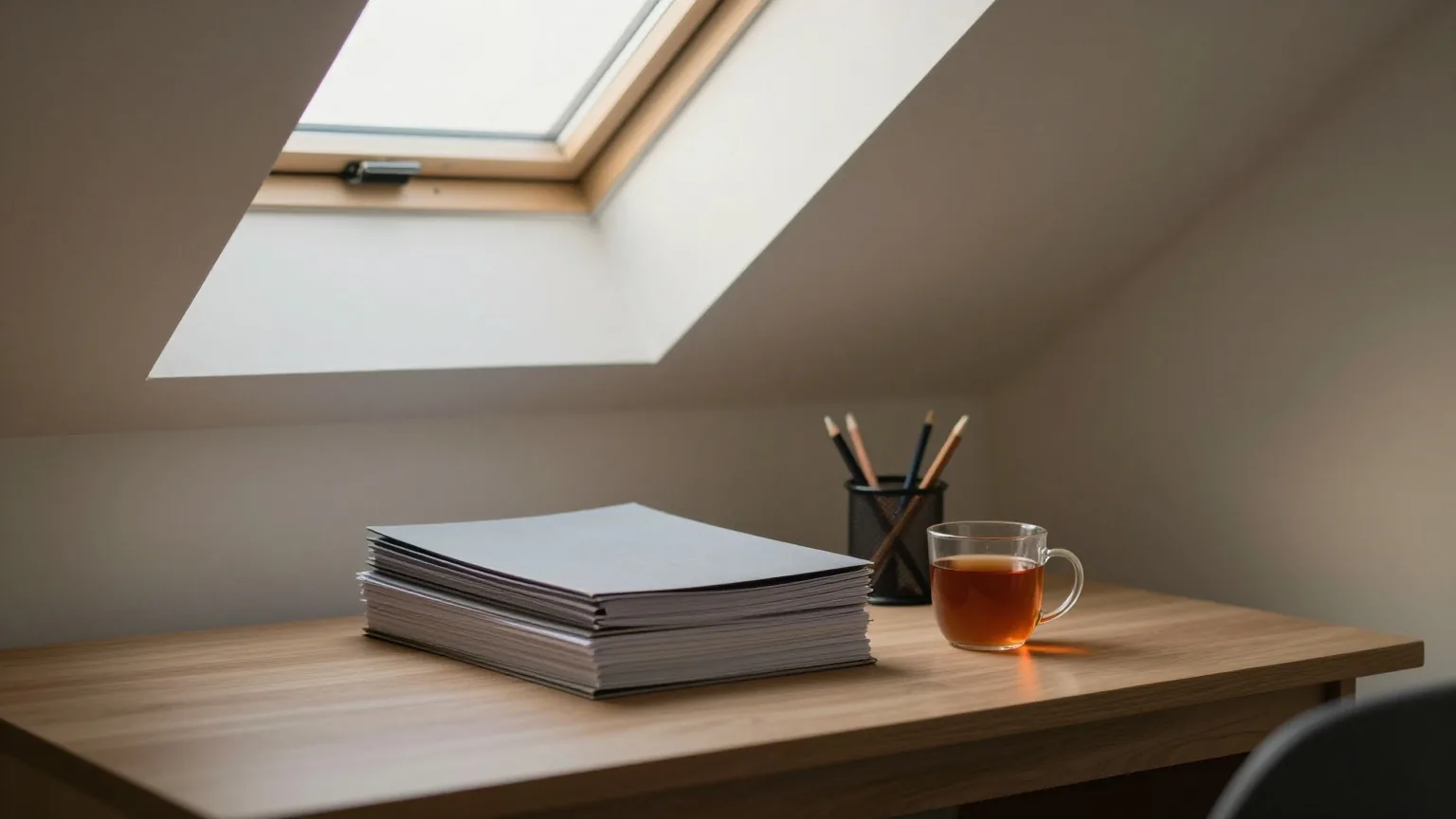 Kleine Arbeitsecke unter einer Dachschräge mit Dachfenster, auf dem Holzschreibtisch graue Ordner, eine Teetasse und ein Stiftebecher im Abendlicht