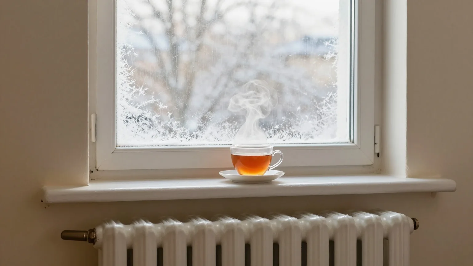 Weißer Heizkörper unter einem hohen Fenster in einem Altbau, auf der Fensterbank eine dampfende Tasse Tee, Eisblumen am Glas
