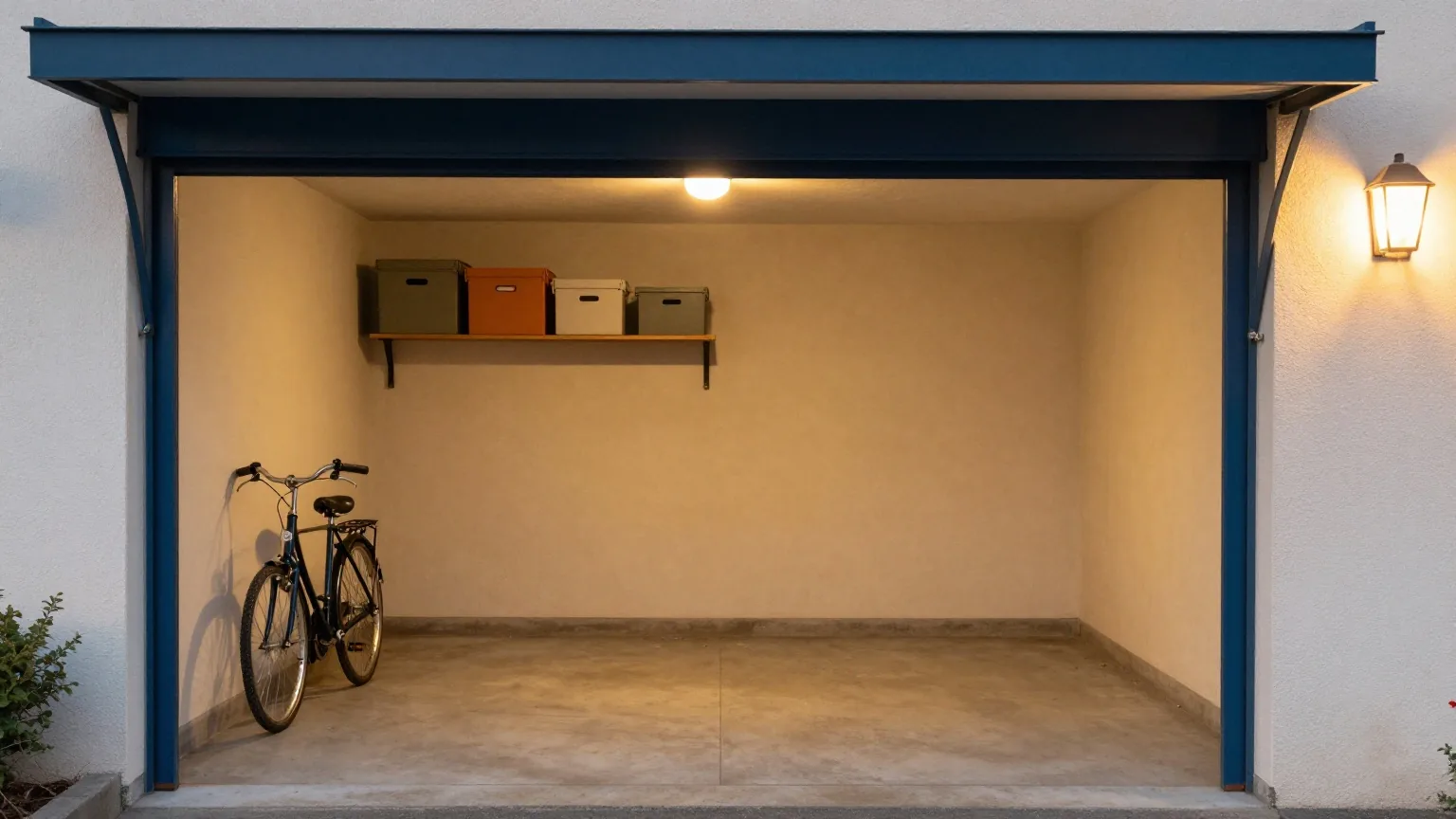 Offenes Garagentor in der Dämmerung, in der leeren Betongarage lehnt ein Fahrrad an der Wand, auf einem Regal stehen Kisten