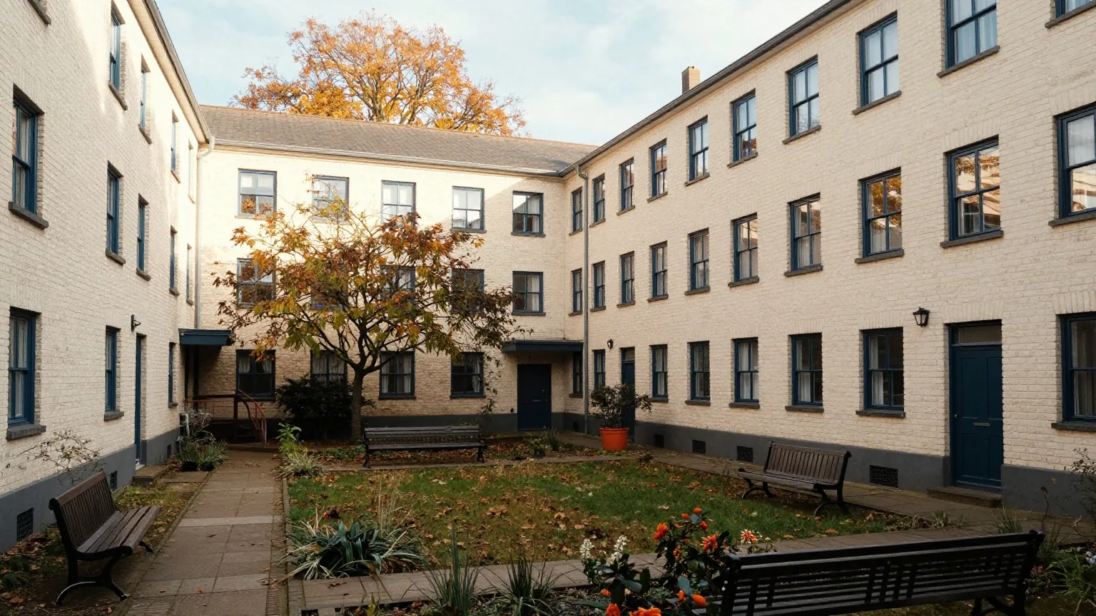 Innenhof einer Backstein-Wohnanlage aus den 1920er-Jahren mit Gemeinschaftsgarten, leeren Bänken und herbstlichen Bäumen im weichen Nachmittagslicht