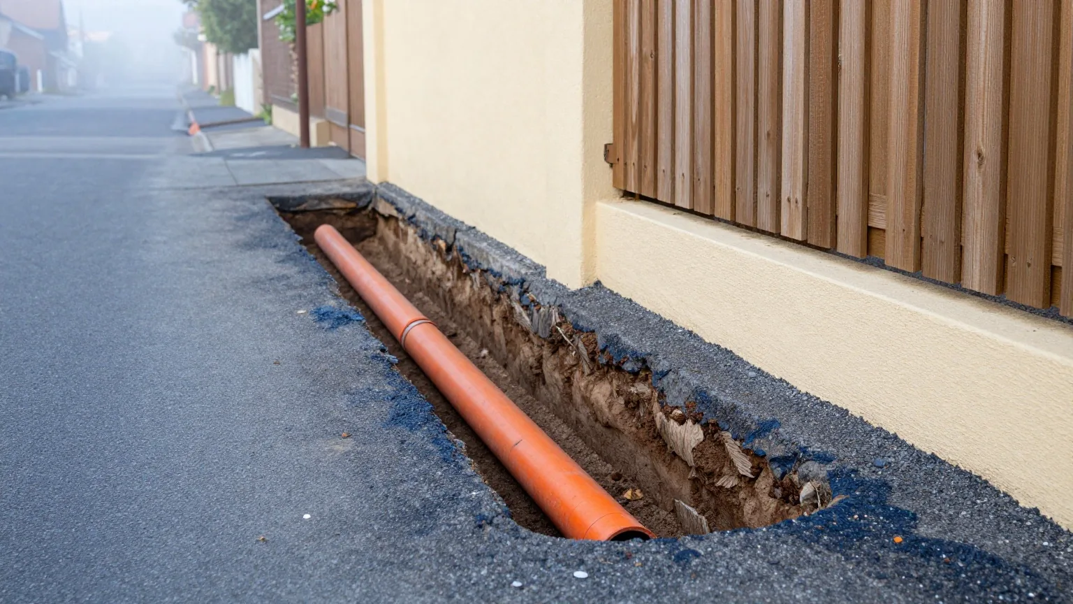 Frisch gezogener schmaler Graben entlang einer ruhigen Wohnstraße mit orangefarbenem Leerrohr, daneben ein Holzzaun im Morgendunst