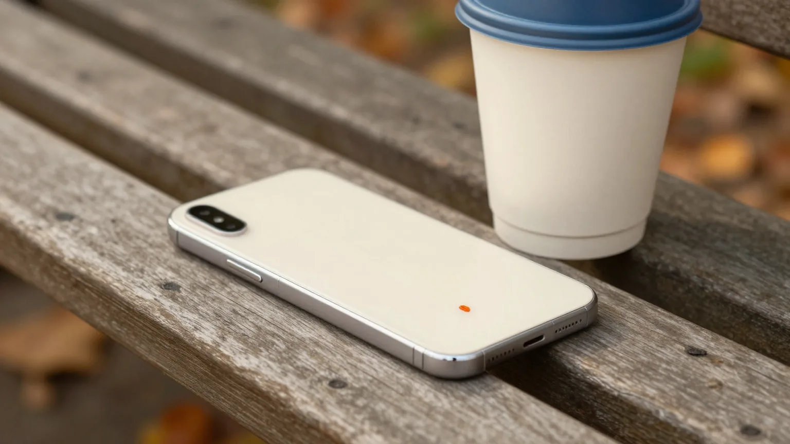 Smartphone liegt mit der Rückseite nach oben auf einer Parkbank, ein Riss zieht sich über die Rückseite, daneben ein Kaffeebecher, Herbstlaub am Boden