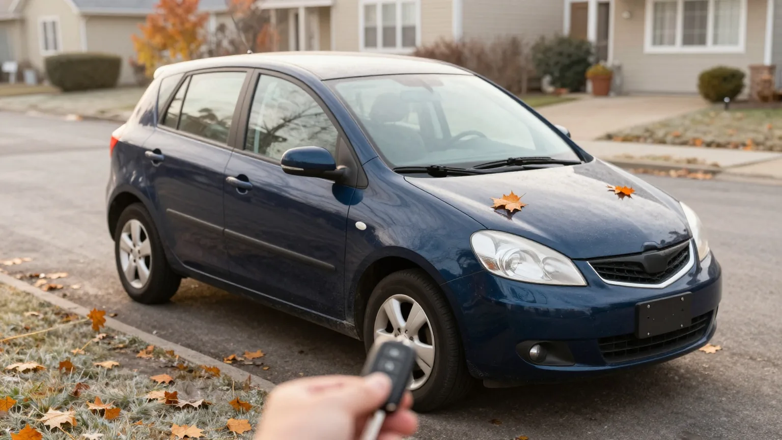 Dunkelblauer Kleinwagen in einer Hauseinfahrt an einem frostigen Herbstmorgen, Laub auf der Motorhaube, im Vordergrund eine Hand mit Autoschlüssel