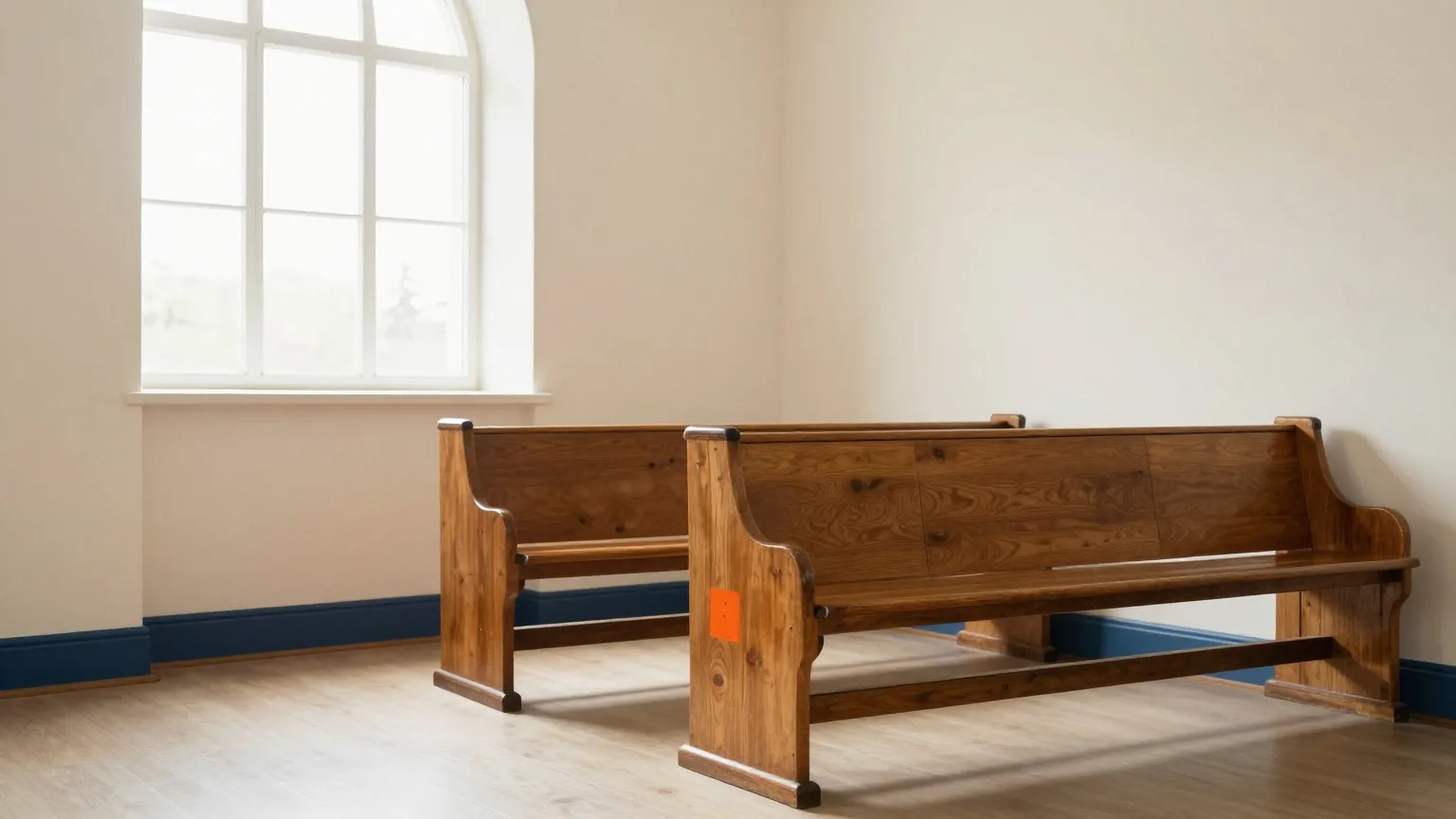 Leere Holzbank in einer schlichten, hellen Kapelle mit weiß getünchten Wänden und hohen klaren Fenstern, weiches Morgenlicht fällt über den Boden