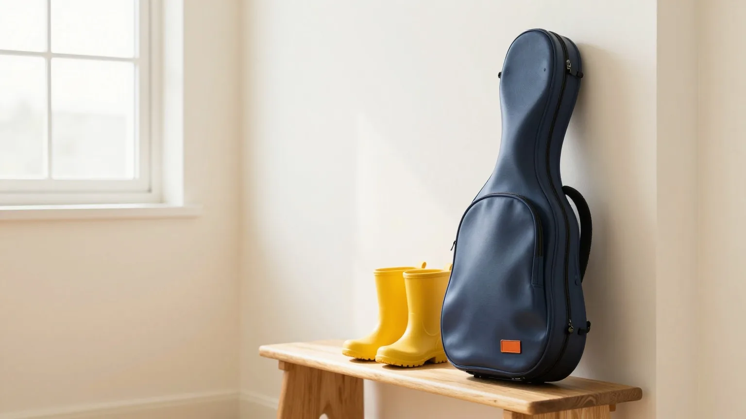 Kleine gelbe Gummistiefel und ein kleiner Stoffrucksack auf einer Holzbank in einem hellen Flur, daneben lehnt ein Geigenkasten an der Wand