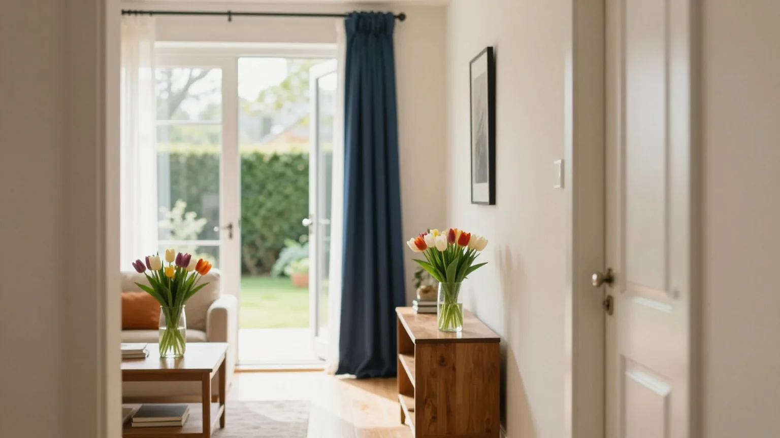 Blick vom Flur in ein helles, aufgeräumtes Wohnzimmer, vorbereitet für eine Besichtigung, Tulpen in einer Vase und eine offene Glastür zum Garten