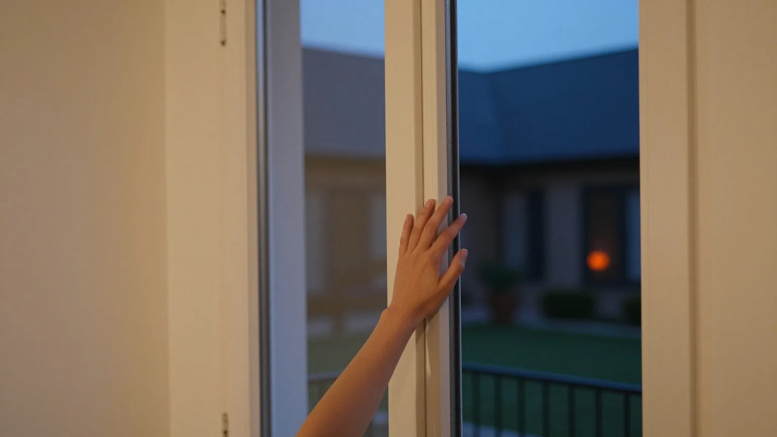 Eine Hand schließt in der Abenddämmerung ein hohes Fenster, drinnen warmes Licht, draußen ein dunkler Innenhof