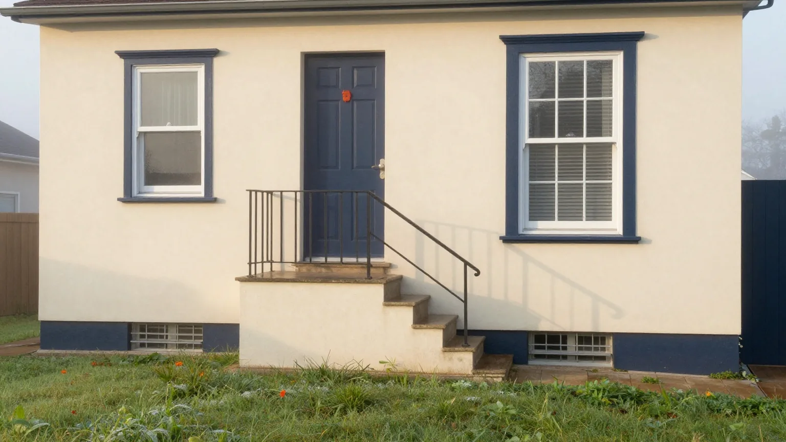 Zweifamilienhaus von der Seite im Morgennebel mit Außentreppe zum Obergeschoss und einer zweiten Tür auf Gartenebene