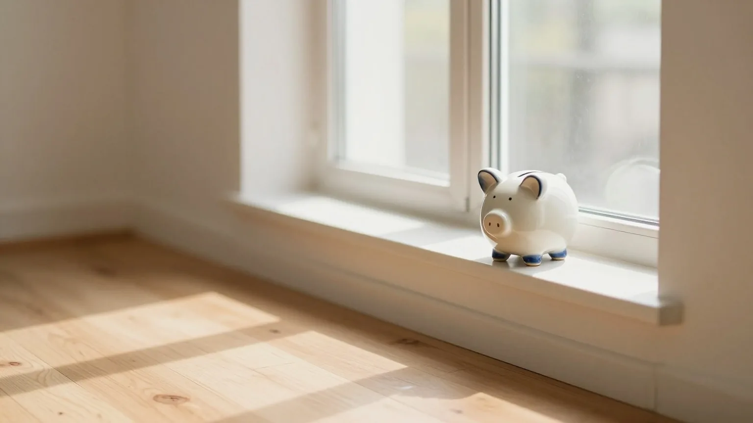 Ein kleines Sparschwein aus Keramik auf der Fensterbank einer leeren Wohnung, frisch geputzte Dielen im Nachmittagslicht