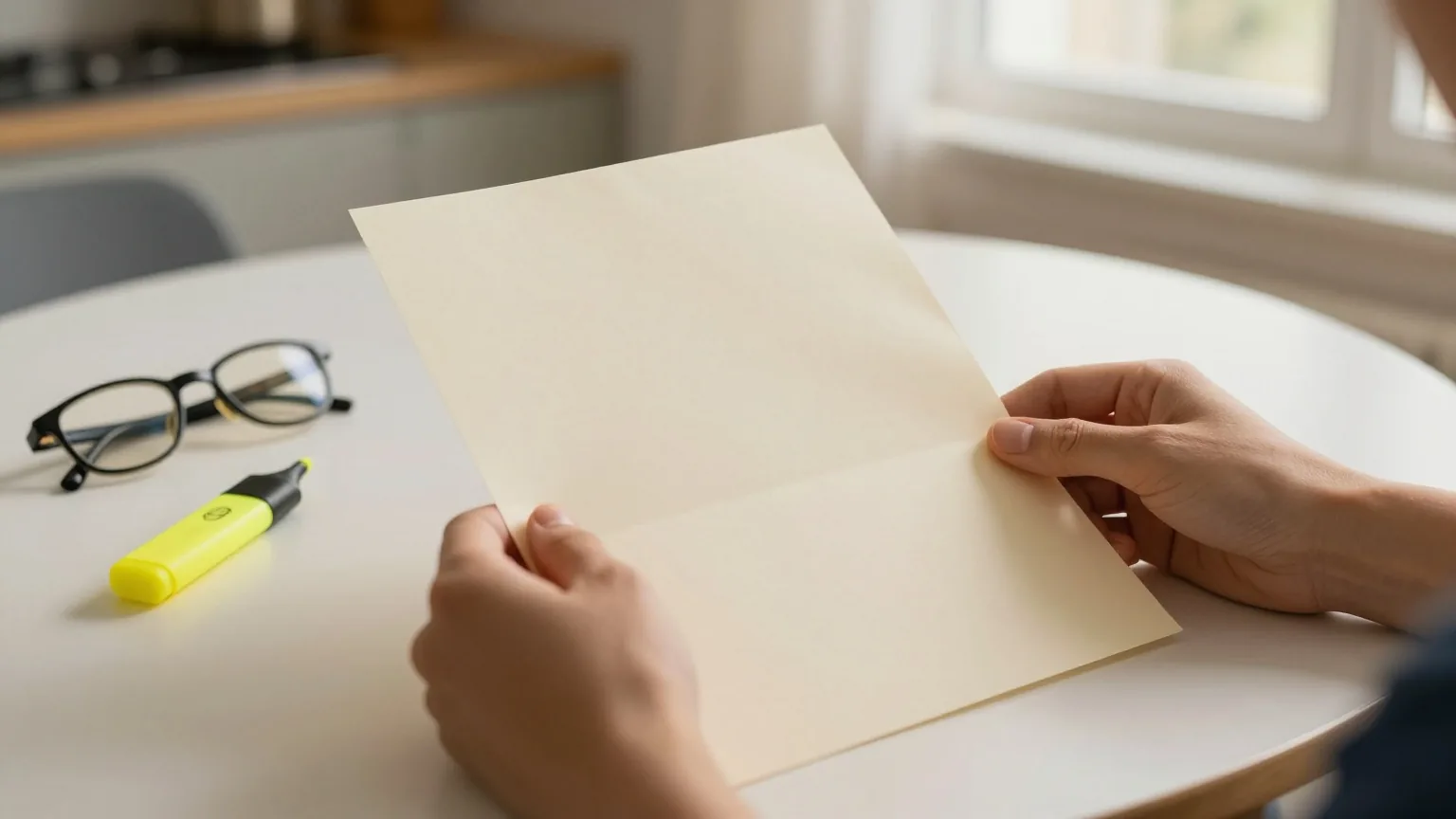 Hände auf einem gefalteten Blatt Papier, daneben ein gelber Textmarker und eine Lesebrille auf einem runden Küchentisch