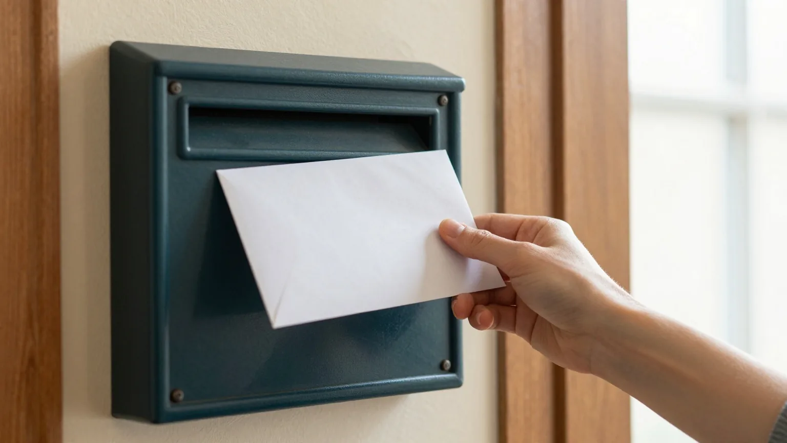 Hände werfen einen weißen Briefumschlag in einen dunkelgrünen Briefkasten im Treppenhaus eines Altbaus