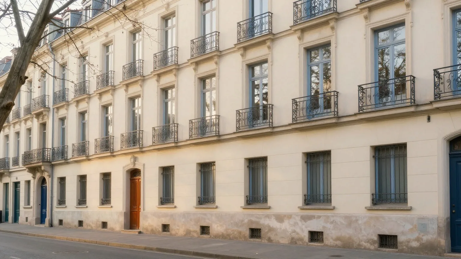 Sanierte Altbaufassade mit hohen Fenstern und kleinen schmiedeeisernen Balkonen, gesehen über eine ruhige Allee hinweg