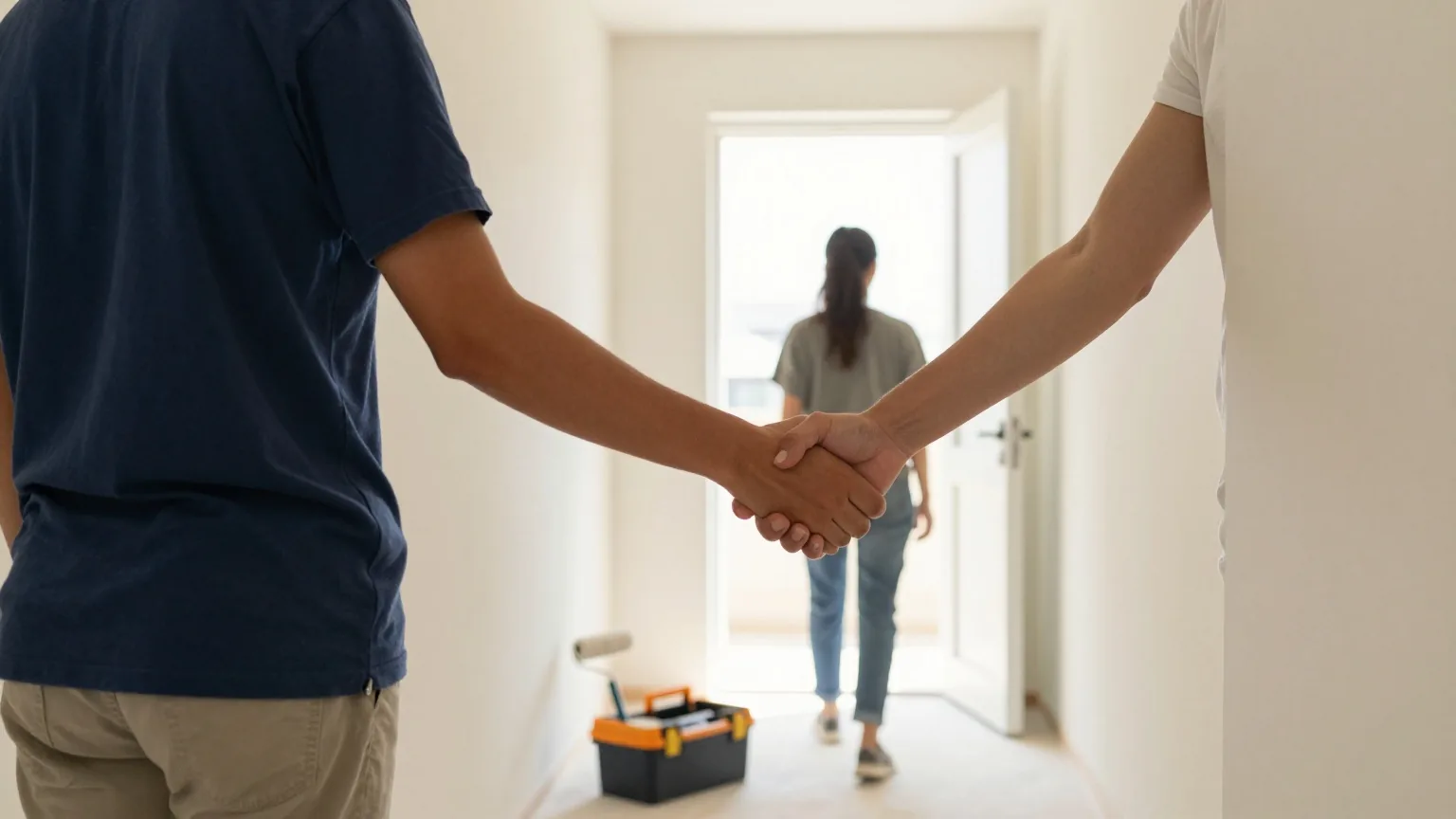 Zwei Personen von hinten beim Handschlag im hellen, leeren Flur einer frisch gestrichenen Wohnung
