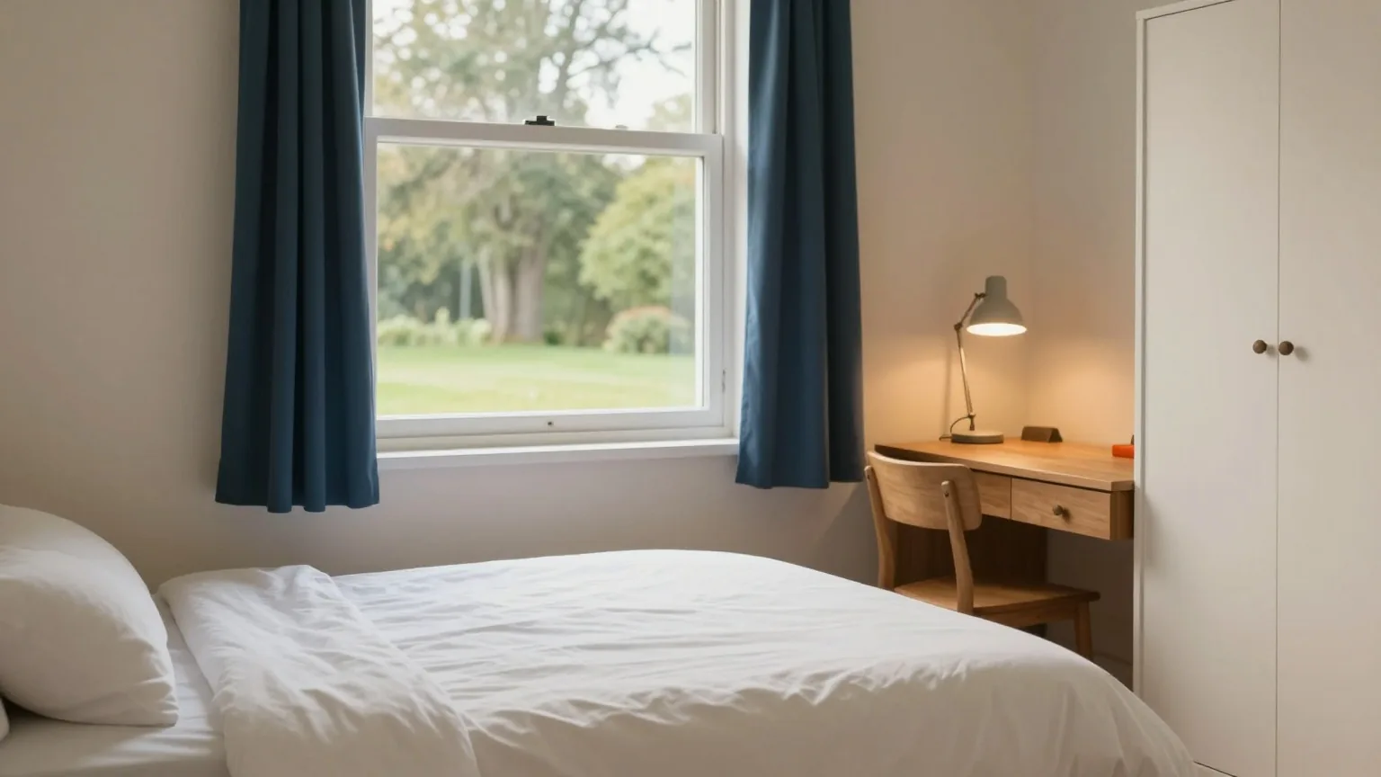 Kleines möbliertes Zimmer mit gemachtem Bett, Schreibtisch mit Lampe und Kleiderschrank, Blick auf eine Wiese mit Bäumen