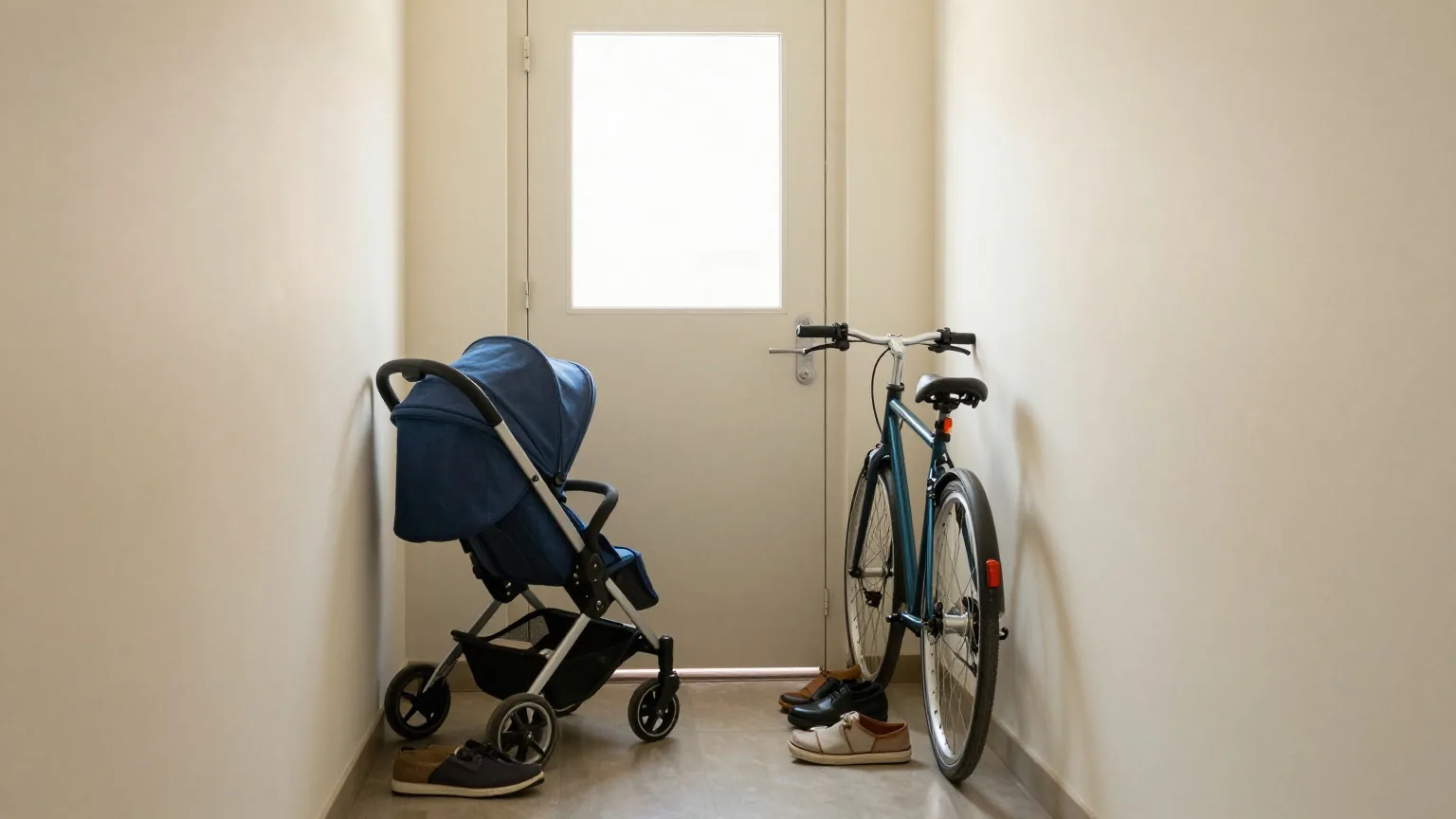 Schmaler Hausflur eines Mehrfamilienhauses mit zusammengeklapptem Buggy, Fahrrad und Schuhen vor einer geschlossenen Wohnungstür