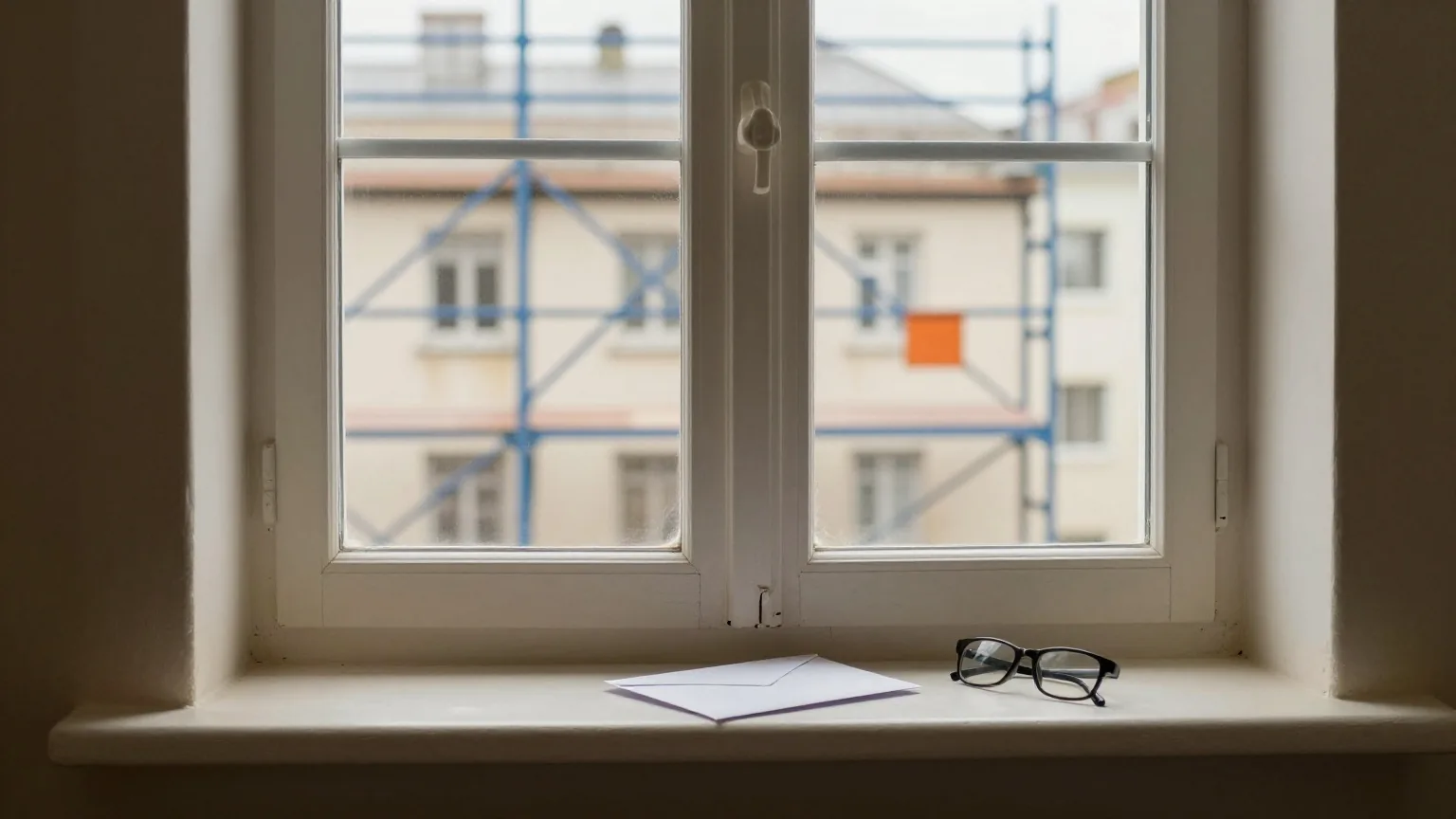 Blick aus einem Wohnzimmerfenster auf ein Baugerüst, auf der Fensterbank liegen ein gefalteter Brief und eine Lesebrille