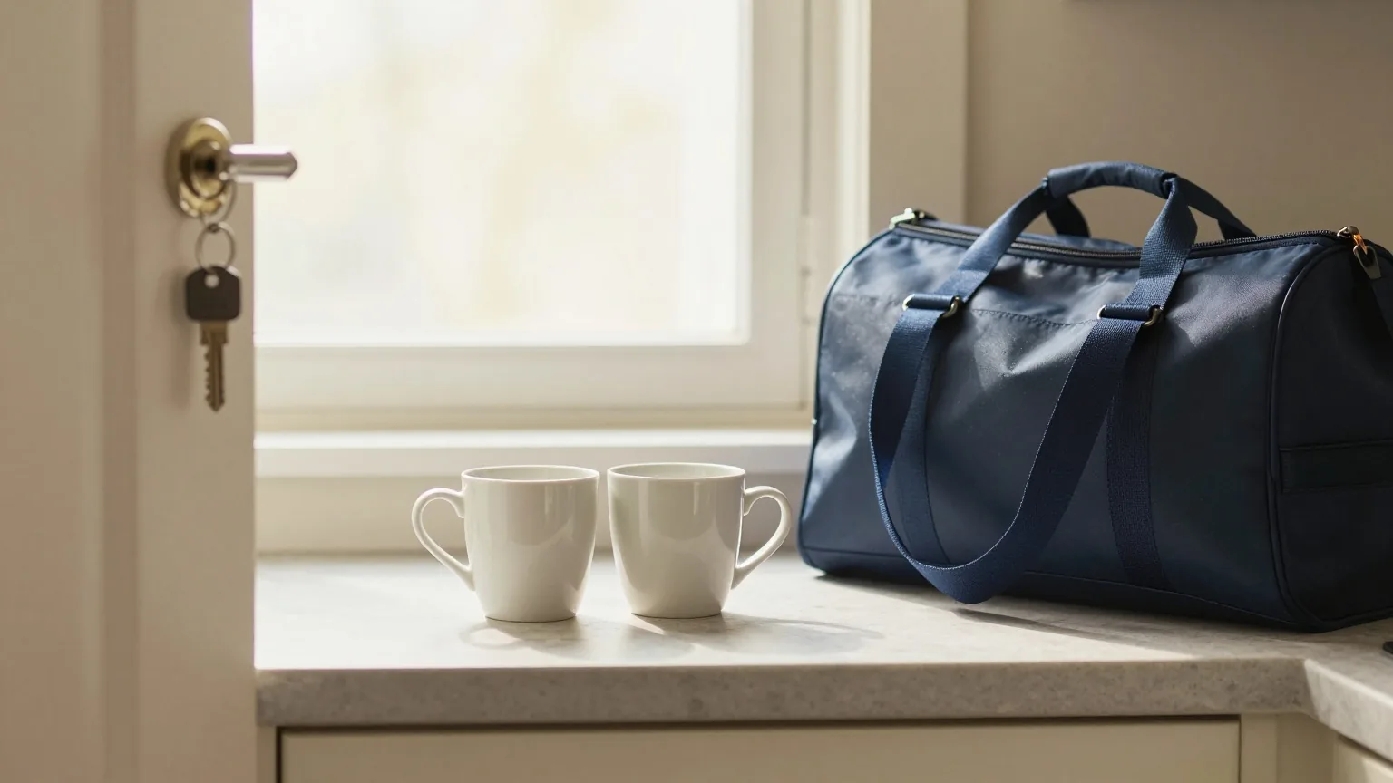 Zwei Kaffeetassen auf der Küchenarbeitsplatte, eine zur Seite geschoben, daneben eine halb gepackte Reisetasche auf einem Stuhl