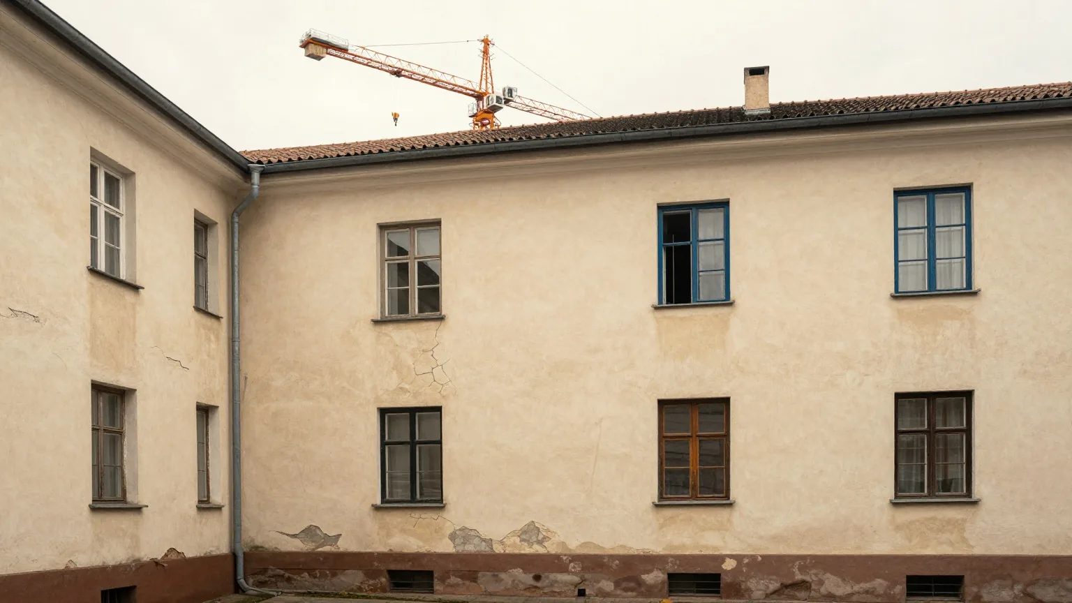 Altes dreistöckiges Mietshaus mit bröckelndem Putz vom Innenhof aus gesehen, im Hintergrund ein Baukran im fahlen Morgenlicht