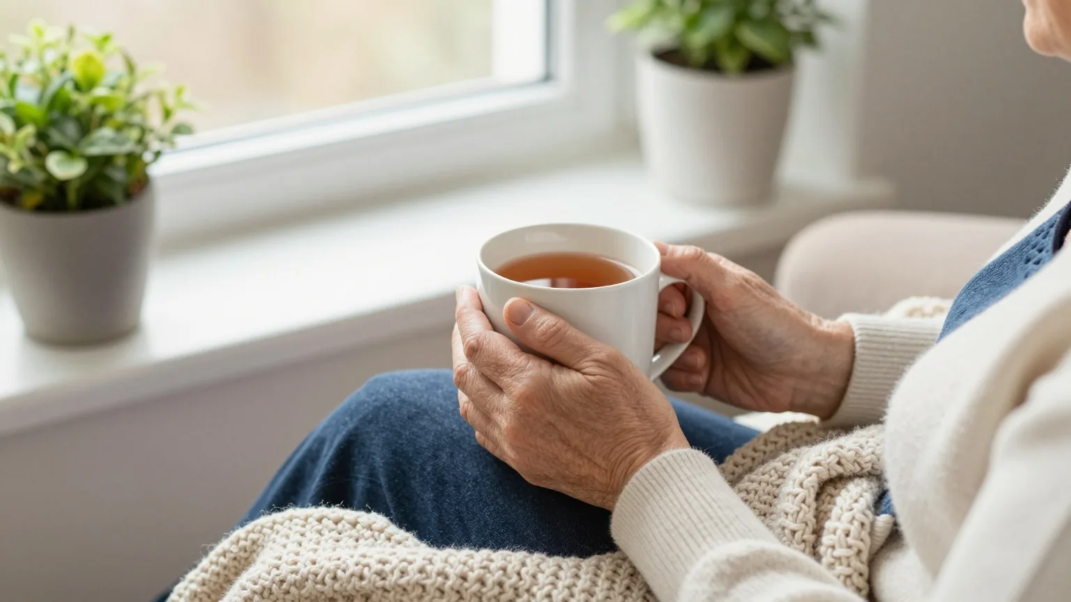 Hände einer älteren Person halten eine Tasse Tee in einem Sessel am Fenster, daneben eine Strickdecke und Zimmerpflanzen