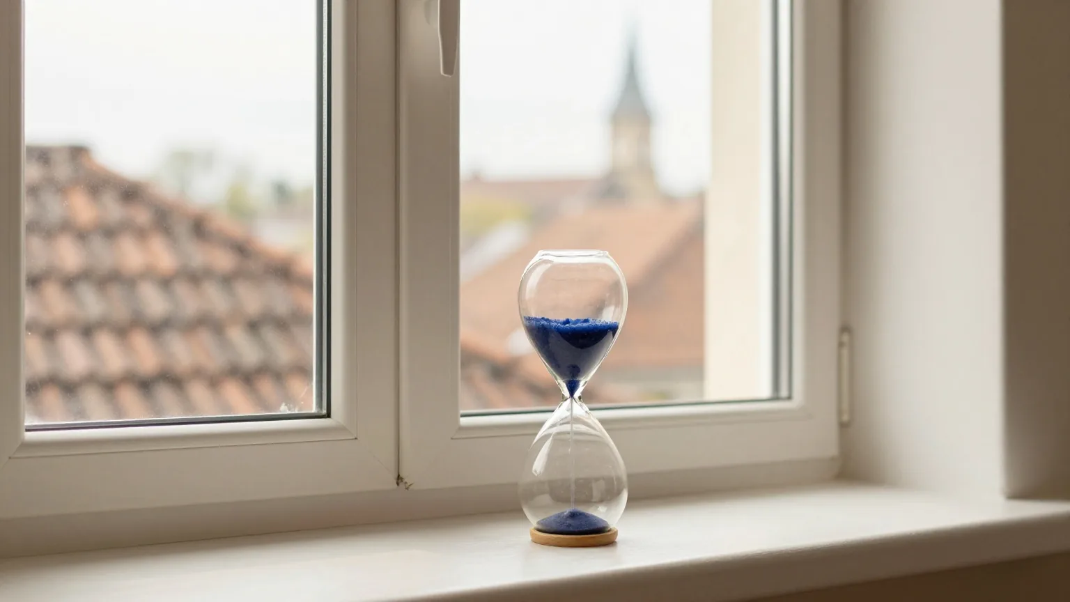 Eine Sanduhr auf der weißen Fensterbank einer hellen Wohnung, dahinter Ziegeldächer und ein Kirchturm in der Morgensonne
