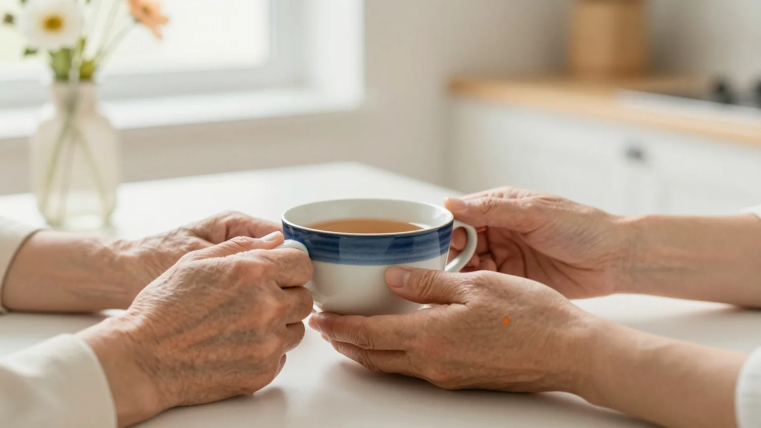 Hände einer Pflegekraft helfen älteren Händen, eine Teetasse am Küchentisch zu halten, im Hintergrund unscharf ein Strauß Gartenblumen