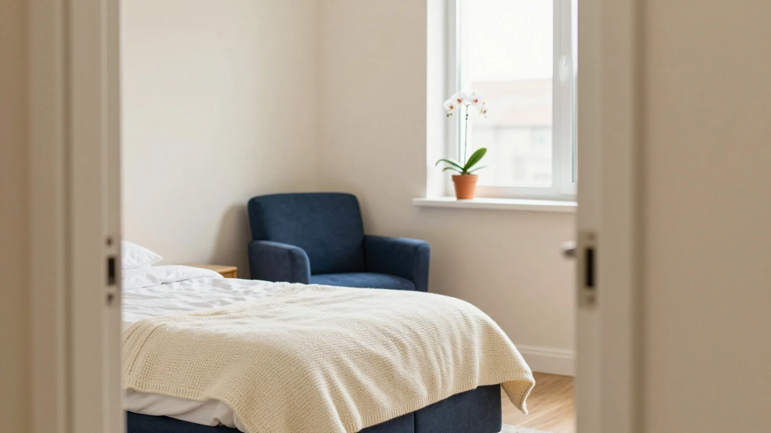 Helles Zimmer in einem Pflegeheim von der Tür aus gesehen: gemachtes Bett mit Strickdecke, Sessel am Fenster, Orchidee auf der Fensterbank