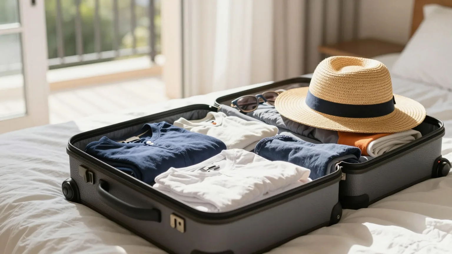 Geöffneter Koffer auf einem gemachten Bett mit gefalteter Sommerkleidung, Strohhut und Sonnenbrille, helles Morgenlicht durch eine offene Balkontür