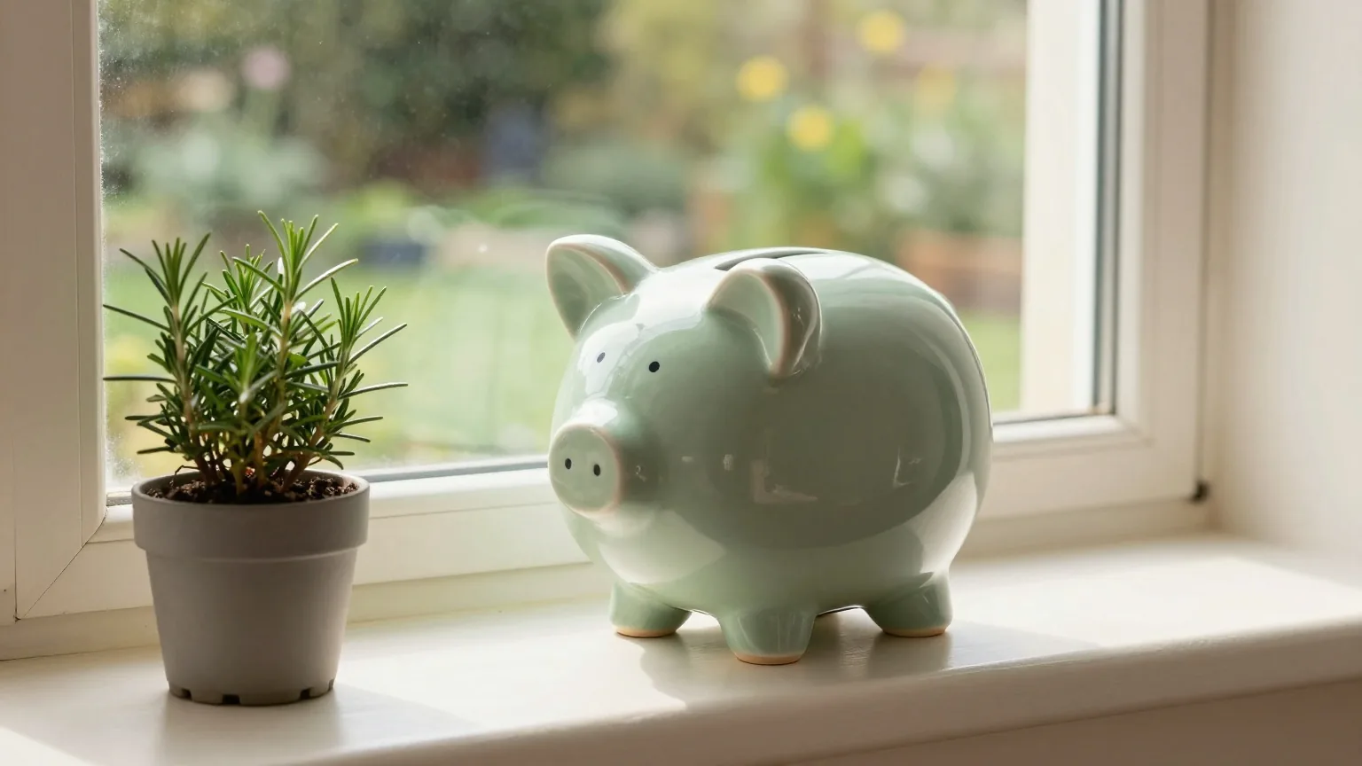 Salbeigrünes Keramik-Sparschwein auf einer sonnigen Fensterbank neben einem Rosmarintopf, dahinter unscharf ein Kleingarten