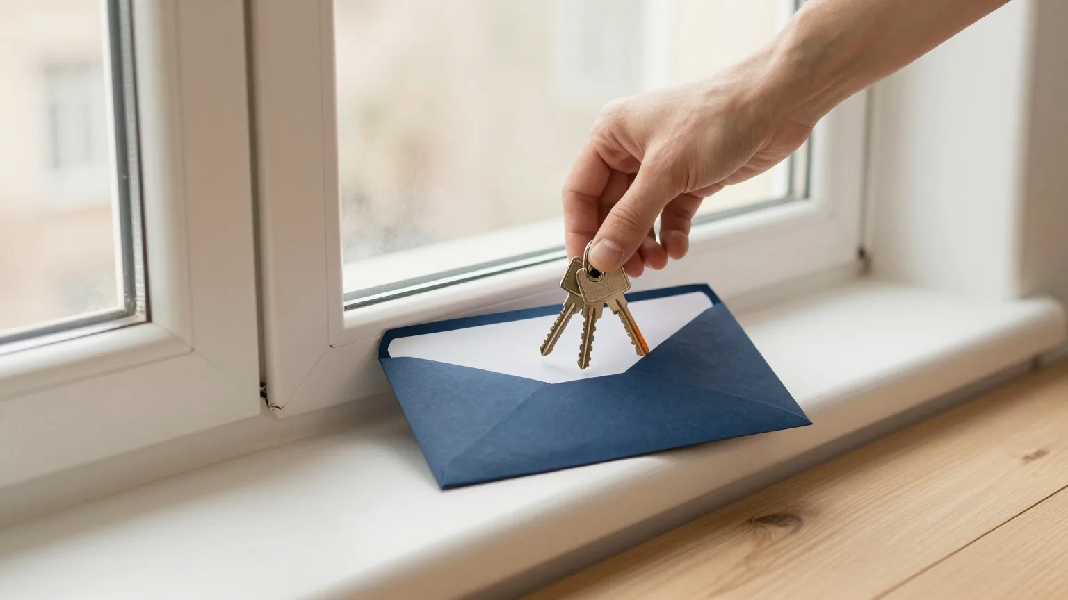 Hand legt einen Wohnungsschlüssel in einen offenen Umschlag auf der Fensterbank einer leeren, frisch gestrichenen Wohnung