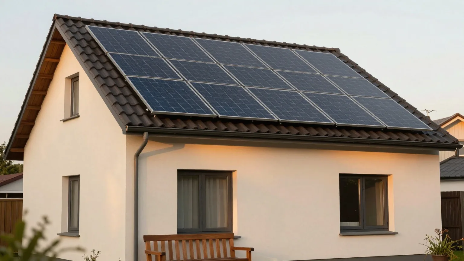 Dunkle Solarmodule auf dem Ziegeldach eines Einfamilienhauses im Abendlicht, im Vordergrund eine Gartenbank
