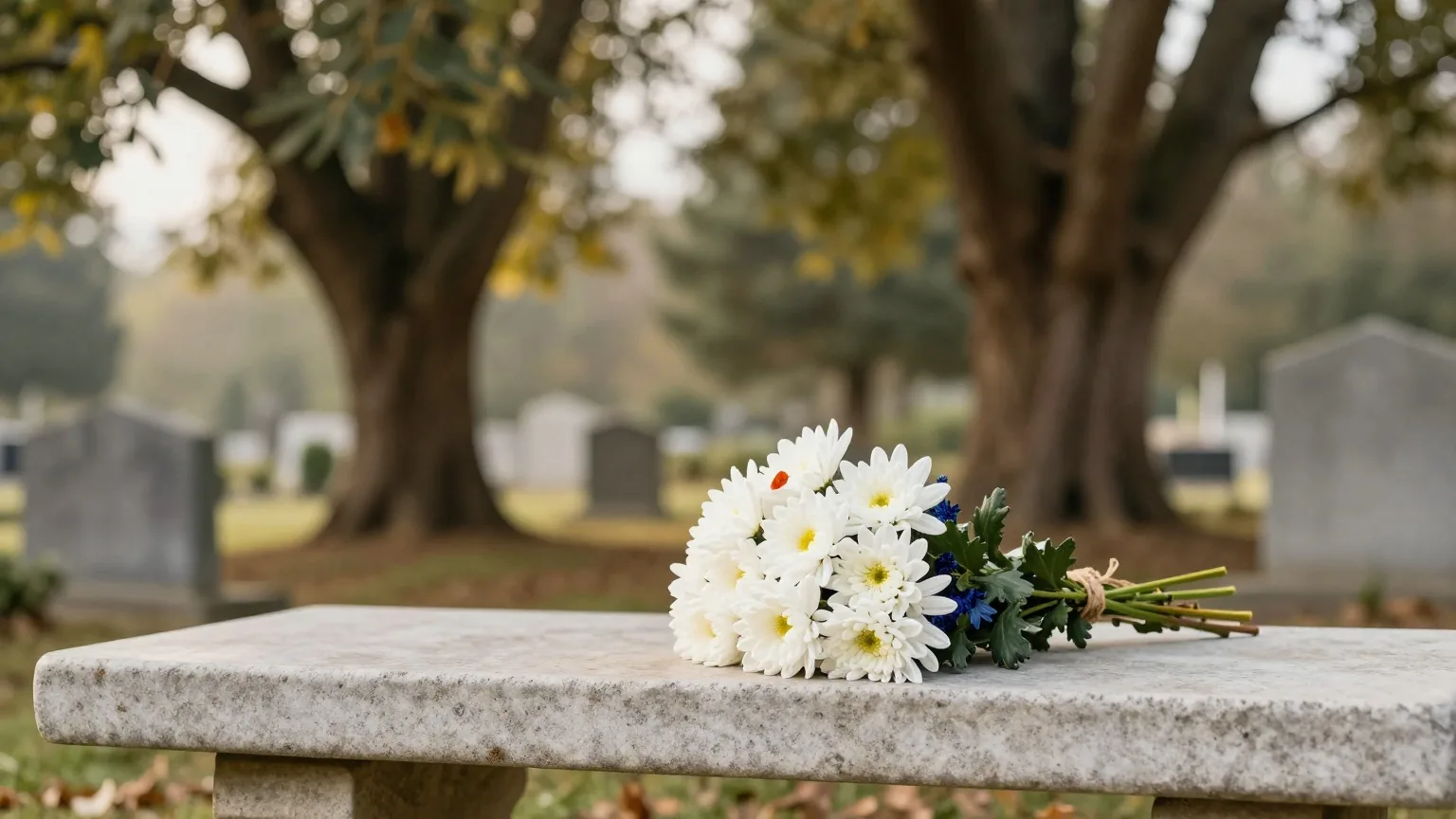 Strauß weißer Chrysanthemen auf einer hellgrauen Steinbank in einem ruhigen Friedhofsgarten unter alten Linden