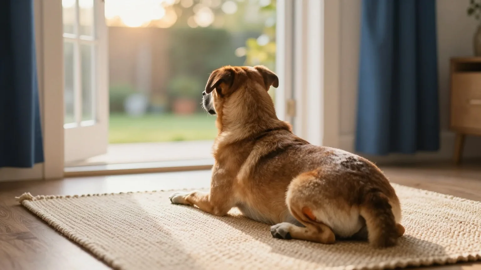 Mittelgroßer brauner Hund liegt von hinten gesehen auf einem Webteppich im Wohnzimmer und blickt zur offenen Gartentür, goldenes Abendlicht