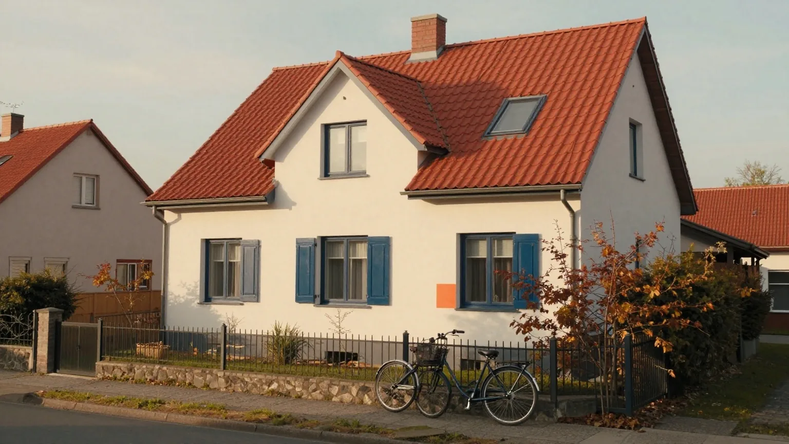 Einfamilienhaus mit rotem Ziegeldach und kleinem Vorgarten, von der gegenüberliegenden Straßenseite in warmer Herbstnachmittagssonne, ein Fahrrad am Gartenzaun