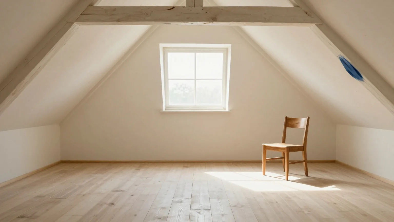 Leeres, helles Dachzimmer mit schrägen Holzbalken und einem einzelnen Holzstuhl im Morgenlicht