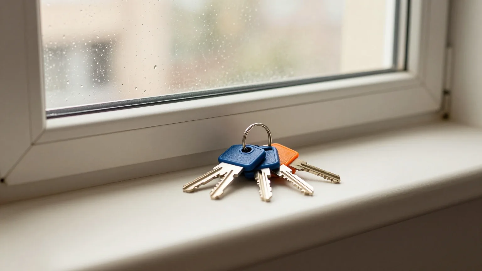 Schlüsselbund mit Büroschlüsseln auf der Fensterbank eines leeren Büros, Regentropfen an der Scheibe, kühles Morgenlicht