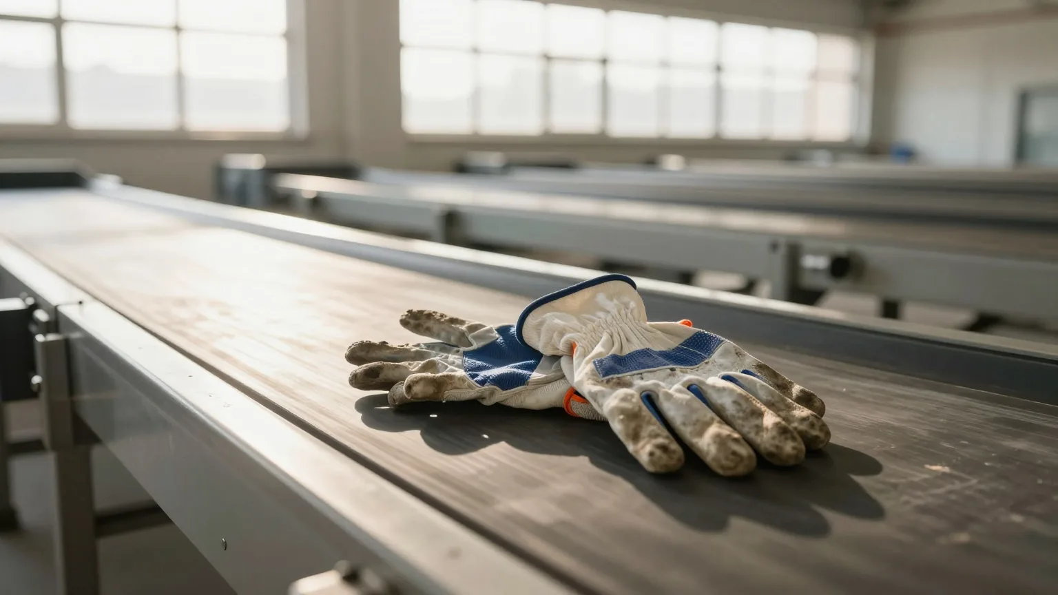 Abgenutzte Arbeitshandschuhe auf einem stillstehenden Förderband in einer leeren Logistikhalle im kalten Morgenlicht
